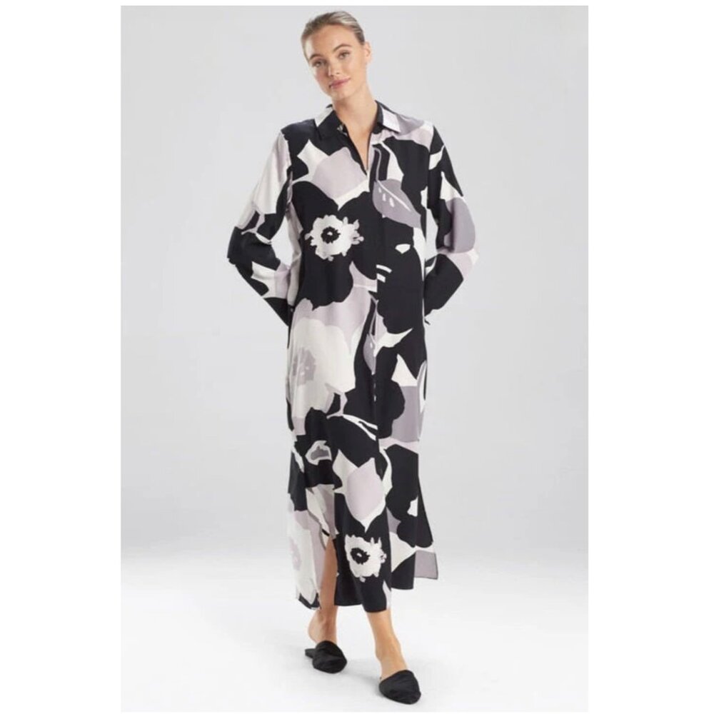 Natori Black, White & Gray Floral Caftan